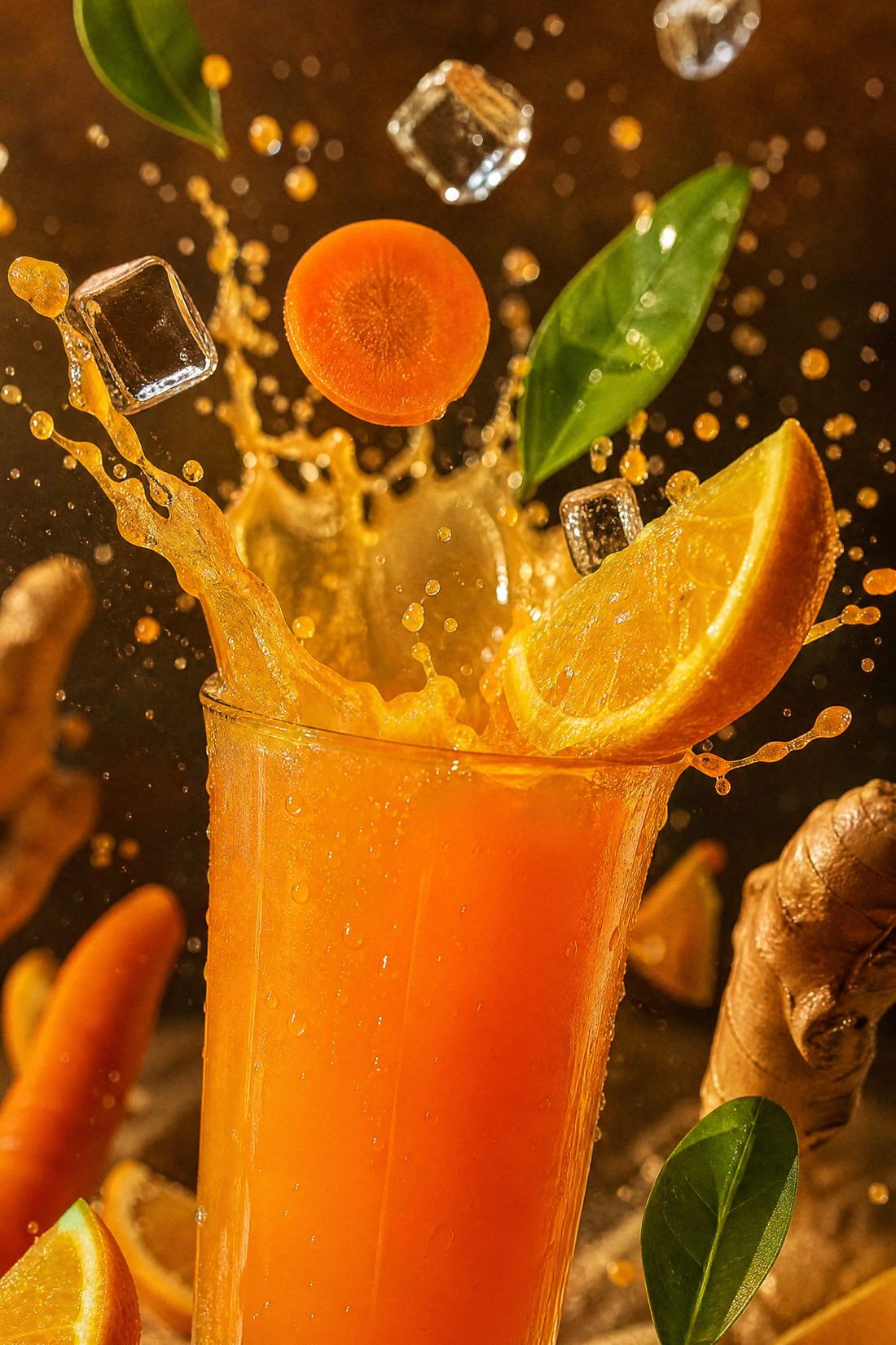 Suco detox gelado de laranja, cenoura e gengibre com folhas e gelo